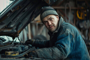Car mechanic repairing car with opened hood, friendly look at camera