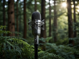 Condenser microphone stand in a forest with lush trees.