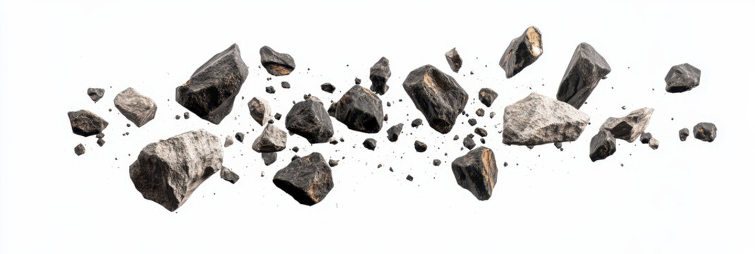 Collection of black rocks and meteorites floating in space