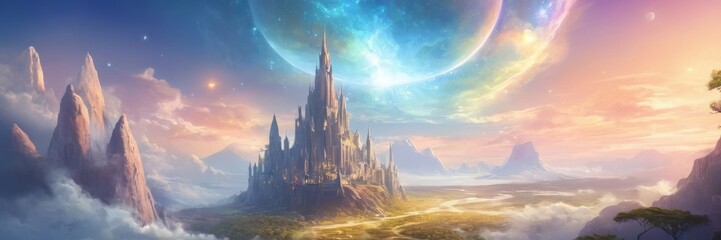 Naklejka premium a fantastical landscape with a large, majestic castle situated in the center. The castle is surrounded by towering, jagged mountains. Above, a massive planet or moon dominates the sky