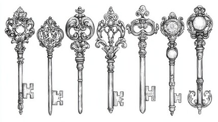 Hand drawn vintage retro keys set. Sketch style, engraved ancient keys with ornaments. Vector illustrations collection