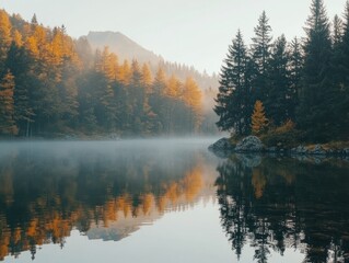 Fototapeta premium Misty forest reflection on calm lake in autumn season