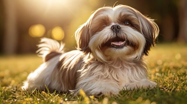 A shih tzu dog running towards the camera on a bright sunny day