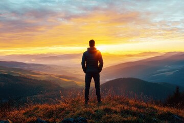 Obraz premium A lone traveler stands on a mountain peak, gazing at a stunning sunset over the valleys, capturing the essence of adventure and peace.
