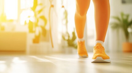Sunlit legs in bright orange footwear indoors relaxing
