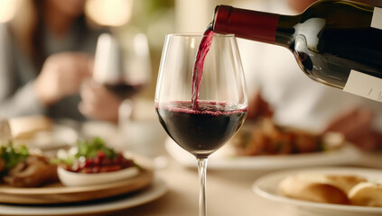Red wine elegantly poured into glass on dinner table