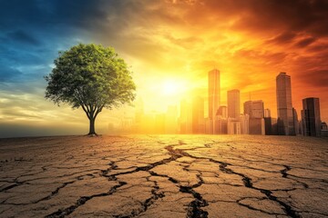 Tree in cracked dry earth with city skyline at sunset