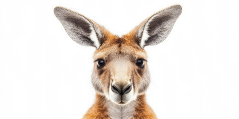 A real photo with the head of a red kangaroo front view big male white background 