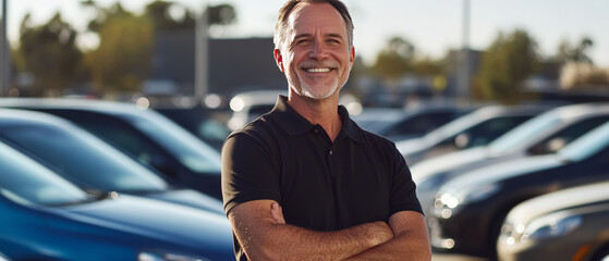 A professional promotional photograph of a smiling 50 years brown man wearing a black polo shirt and jeans, standing confidently with arms crossed in a car dealership