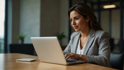 Confident Hispanic businesswoman working on her laptop in a modern office.