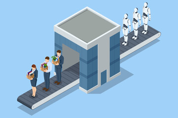 Isometric AI and robotics have replaced humans in workplaces, causing job losses and rising unemployment, particularly among business professionals. IT team of future. Futuristic worker.