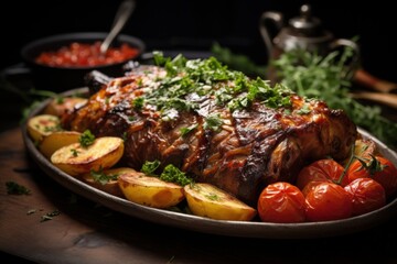 Fototapeta premium Roasted Leg of Lamb with Rosemary, Potatoes, and Herbs