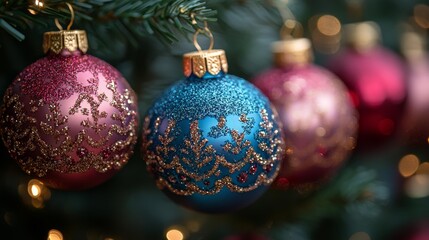 Glittering Christmas Tree Baubles. Generative AI