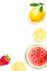 Fototapeta premium Watermelon, lemon, strawberry on white. Summer vibes.