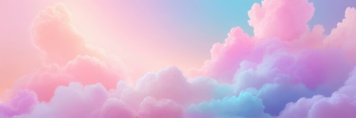 Fototapeta premium a dreamy sky filled with fluffy clouds in a variety of pastel colors. The clouds are primarily pink, purple, and blue, creating a soft and serene atmosphere