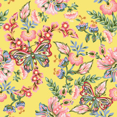 Beautiful chintz damask jacobean paisley watercolor design botanical seamless patterns