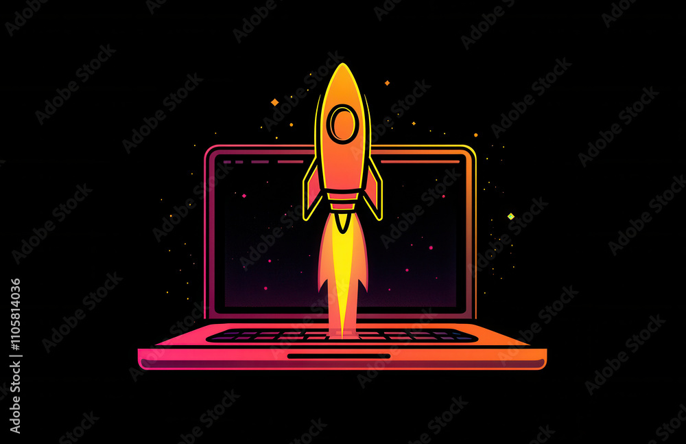 Poster a rocket emerging from an open laptop screen symbolizes speed and power in marketing. the concept of