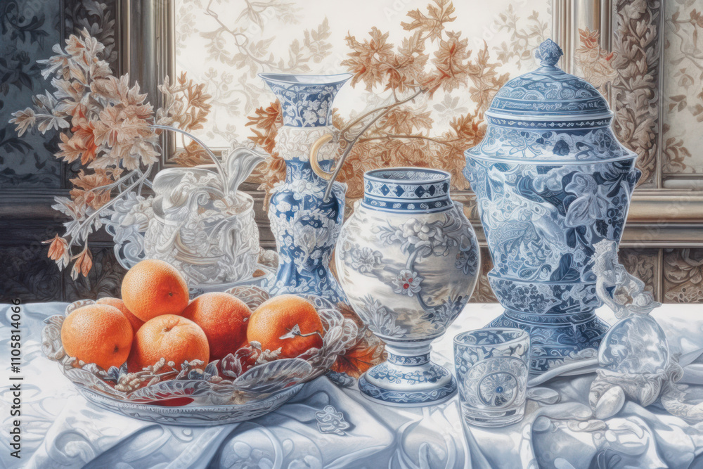 Poster elegant still life composition using porcelain and oranges.