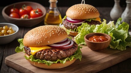 tasty beef burger with cheese and salad
