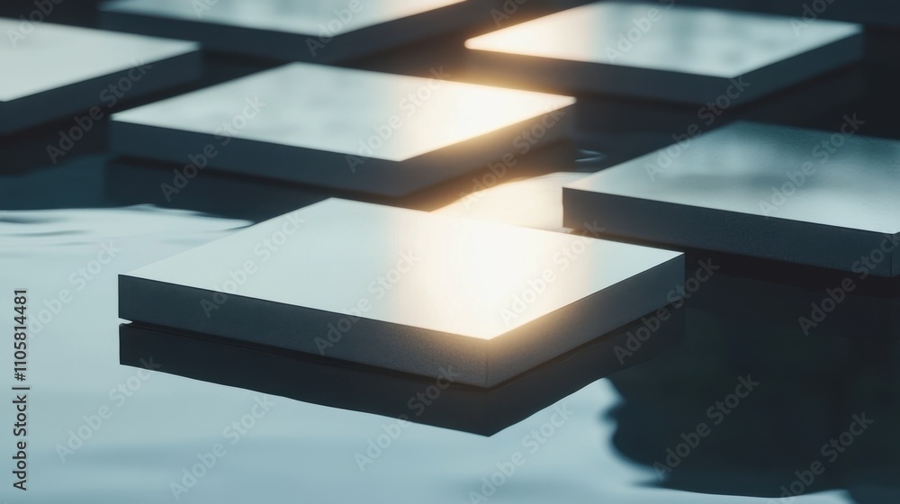 Poster serene reflection of minimalist square platforms on calm water surface in soft natural light, creati
