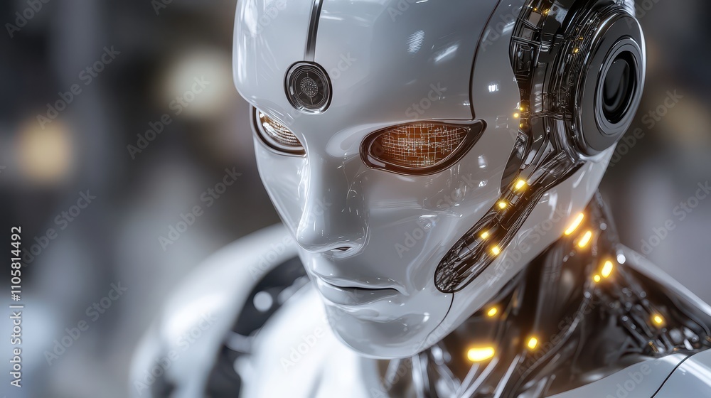 Poster close-up of a futuristic white robot head with glowing orange electronics and intricate detail highl