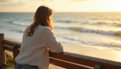 Contemplative young woman gazing at the ocean during sunset on a beach boardwalk