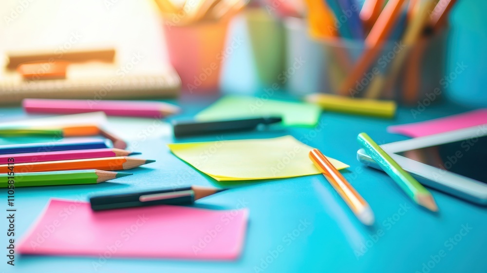 Poster a colorful workspace with stationery, sticky notes, and drawing tools, creating an inviting atmosphe