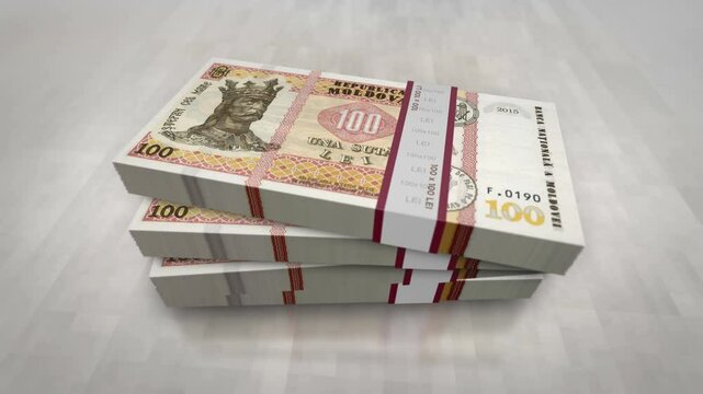 Moldova money Moldavian Lei pile pack. Concept background of economy, banking, business, crisis, recession, debt and finance. 100 MDL banknotes stacks 3d.