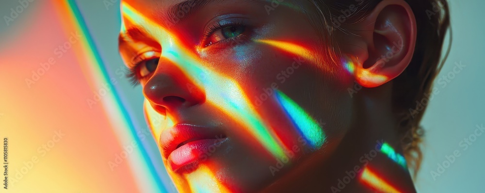 Poster a close-up of a face illuminated by colorful light streaks, creating a striking and artistic visual 