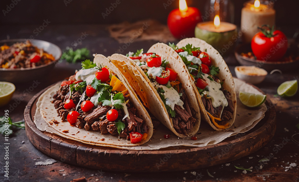 Poster three tacos with meat and cheese on a wooden board. there are also tomatoes and limes on the table