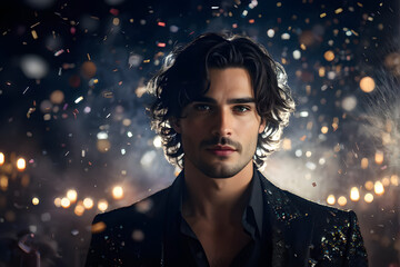 Man enjoying magical festive New Year’s Eve with fireworks