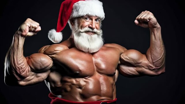 Santa Claus fitness trainer. A muscular man wearing christmas outfit and a red festive hat. Athletic sports instructor