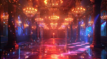 Fototapeta premium Grand ballroom with glowing chandeliers and reflective floor.