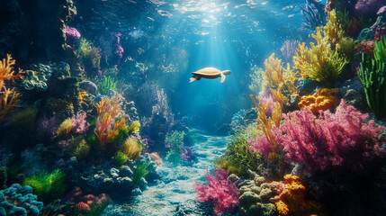 Fototapeta premium Underwater Sea Turtle in Vibrant Coral Reef
