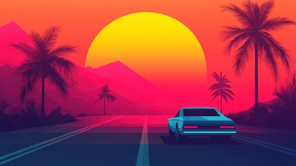 Retro Futuristic Landscape with Car and Sunset Over Mountains and Palm Trees