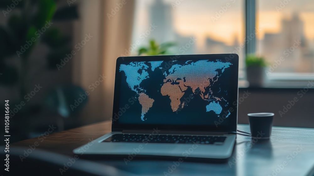 Poster a modern laptop with a world map display showing geographical data in a stylish indoor workspace at 