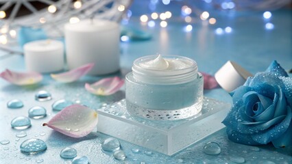 Hydrating gel mask jar styled with dewy petals and glass accents for a luxurious look