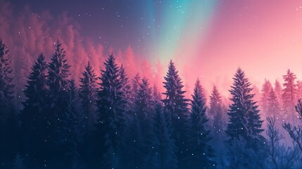 Fototapeta premium Mystical Night Forest Under Pink and Teal Aurora Borealis