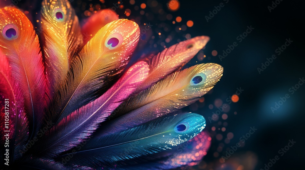 Poster vibrant, multicolored peacock feathers arranged in a fan shape, highlighted with golden sparkles and