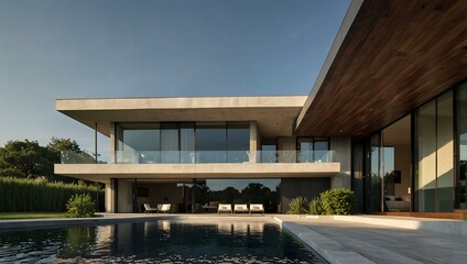 Obraz premium Contemporary villa with sleek modern lines and windows.