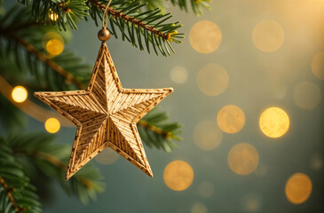A handcrafted star ornament made of natural woven materials, hanging on a Christmas tree branch with golden bokeh lights with copy space. Ideal for eco-friendly holiday designs. Selective focus
