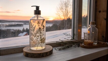 A glass bottle of moisturizing lotion on a wooden stand placed in front of a window overlooking a winter sunset. 