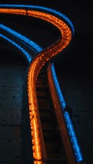 Naklejka premium Conveyor belt with curving orange and blue lights.