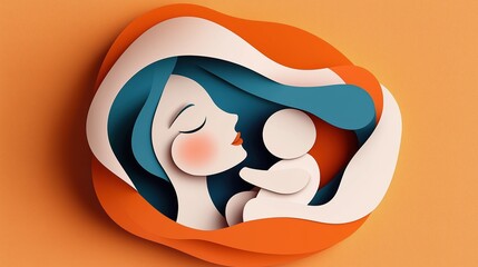 Colorful paper-cut style illustration of a mother tenderly holding her baby, featuring abstract layered shapes and warm tones of blue and orange.