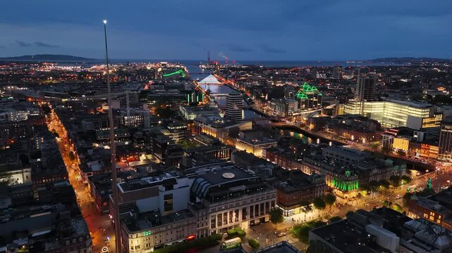 Night aerial shot of Dublin city, Ireland