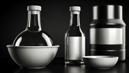 Cooking oil bottle and bowl icon set in black and white.