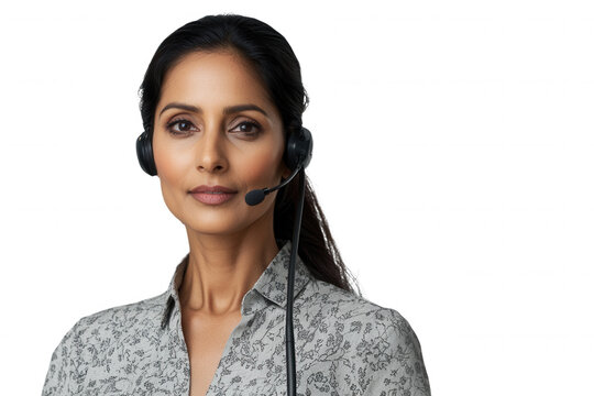A confident woman with long hair is wearing a headset while providing customer support. She is focused and attentive, dressed in a stylish shirt. The background is transparent, highlighting her profes