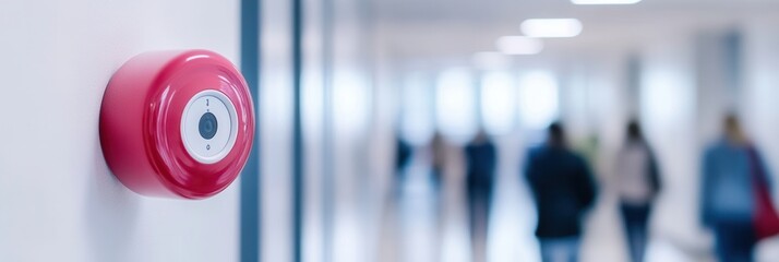 A close-up of a red fire alarm with a blurred background of people walking in a hallway, emphasizing safety and emergency preparedness.