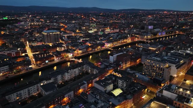 Drone footage of Dublin at night, Ireland