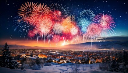  colorful fireworks illuminating the sky over a city snowy landscape